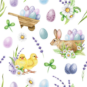 Easter flower festive seamless pattern. Watercolor illustration. Hand drawn bunny, chicks, colored eggs, spring garden flowers seamless pattern. Easter decoration traditional elements