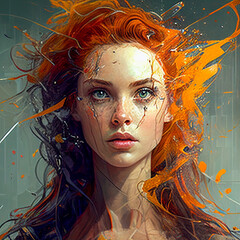 Illustration of chaotic redhead woman