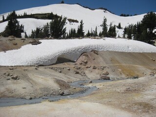Big Snow Drift in July at Hydrothermal Area in Northern California