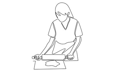 Continuous line of woman rolling dough with rolling pin