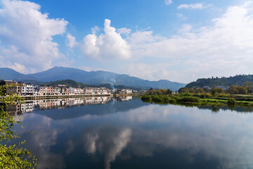 Fototapeta premium Natural Scenery of Ancient Villages and Rivers in the Mountainous Areas of Anhui Province, China