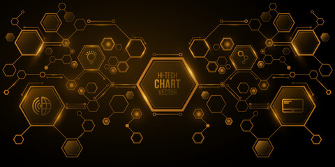 Futuristic modern chart from glowing hexagonal frames for your hi-tech design. Digital sci-fi diagram. Vector illustration