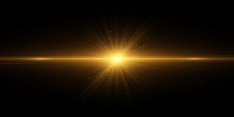 Golden light effect with sparks isolated on black background. Yellow flare. Blue rays. Vector illustration