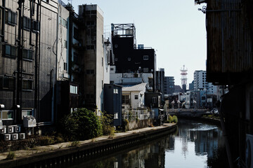 Fototapeta premium 都心の川沿いの街並み。建物の裏側が川に面している。