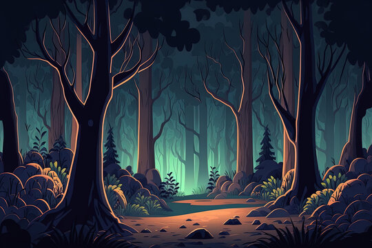 Unknown Dark Forest Background information for developing mobile games or applications. scenery of nature in cartoon. Nighttime woodland for your style. Generative AI