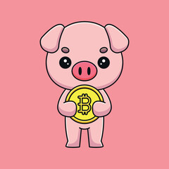 cute pig holding bitcoin cartoon mascot doodle art hand drawn outline concept vector kawaii icon illustration