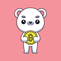 cute polar bear holding bitcoin cartoon mascot doodle art hand drawn outline concept vector kawaii icon illustration