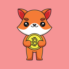 cute fox holding bitcoin cartoon mascot doodle art hand drawn outline concept vector kawaii icon illustration