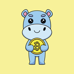 cute hippo holding bitcoin cartoon mascot doodle art hand drawn outline concept vector kawaii icon illustration