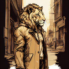Fototapeta premium Line art of a lion in street clothes generative art