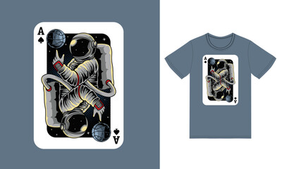Playing card astronaut illustration with tshirt design premium vector