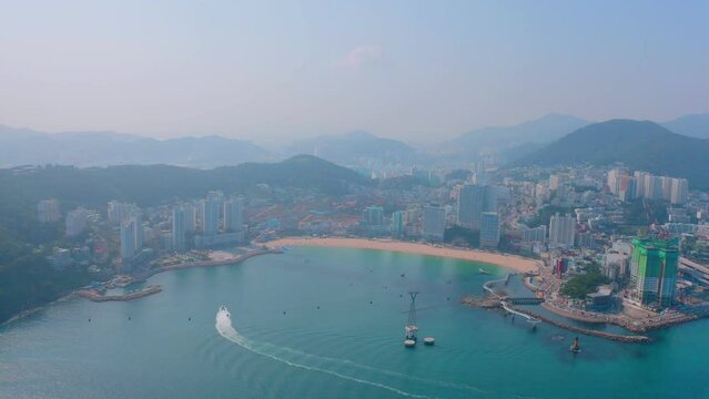[korea drone footage] Busan city landscape, Songdo, beach, Cable car
