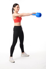 Athletic woman exercising with kettle bell, on white background, Beautiful young asian sport woman with sportswear ready for exercise