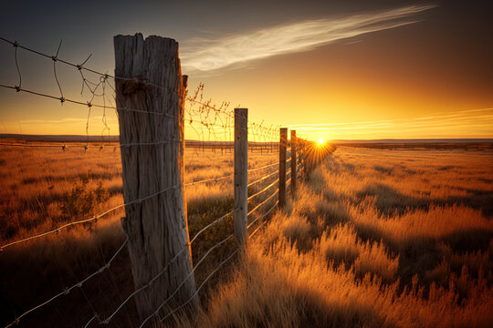 Sunrise in Alberta, Canada, behind a wooden barbed wire fence over untamed prairie grasslands. Generative AI