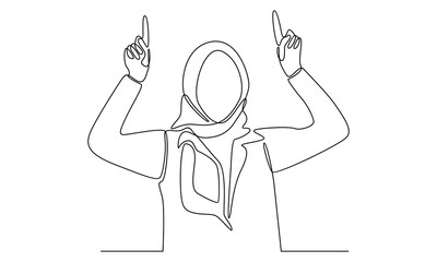 Continuous line of hijab woman pointing away hands together