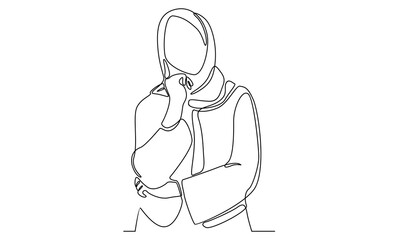 Continuous line of Islamic arabic pensive female in hijab scarf