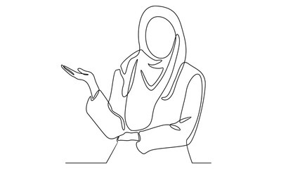 Continuous line of hijab woman presenting hand style in a meeting