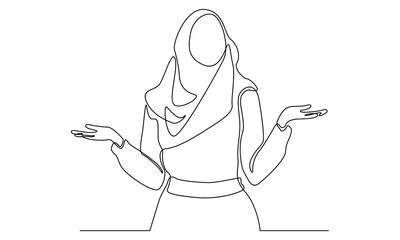 Continuous line of Islamic arabic pensive female in hijab scarf