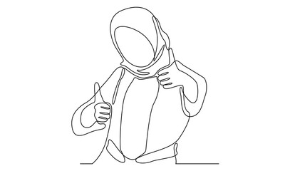 continuous line of female dressed in hijab showing thumbs up sign