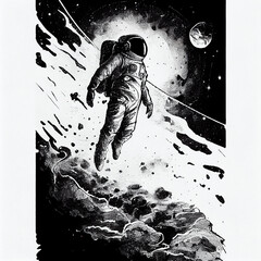 Line art of a man floating in space