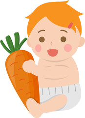 Cute baby with healthy carrot, comic cartoon vector character