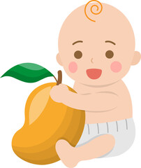 Cute baby with healthy mango, comic cartoon vector character