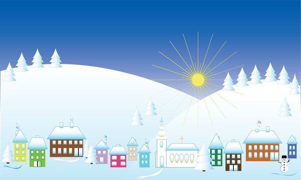 A colorful picture of a small town in a winter snowy landscape. Landscape motif with houses to advertise for winter mountain holidays and holidays.