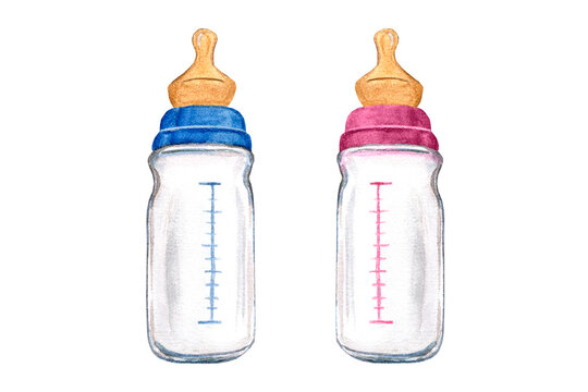 Newborn boy and girl set with pink and blue bottles. Hand drawn watercolor illustration isolated on white background. For baby shower or gender party