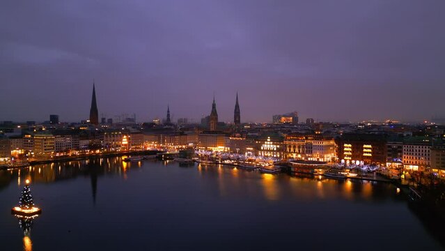 Panoramic view over the city of Hamburg by night - travel photography