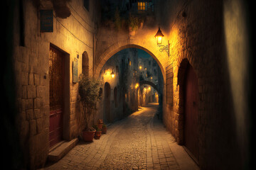 fascinating street in Jerusalem's old city at night. Generative AI - obrazy, fototapety, plakaty
