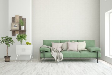 White living room with sofa. Scandinavian interior design. 3D illustration