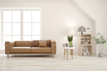 White living room with sofa. Scandinavian interior design. 3D illustration