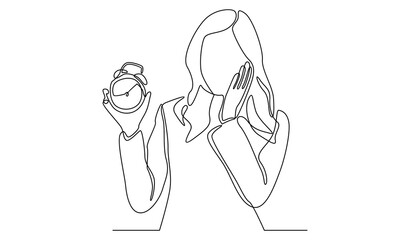 Continuous line of time management businesswoman showing alarm clock