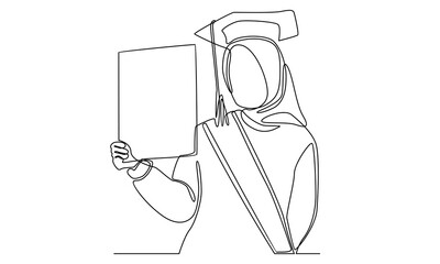 Continuous line of hijab woman celebrating graduation