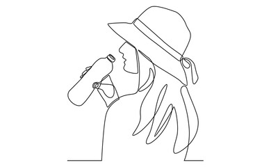 continuous line of woman drinking water from a bottle