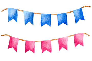 Set with pink and blue flags. Hand drawn watercolor illustration isolated on white background. For baby shower or gender party