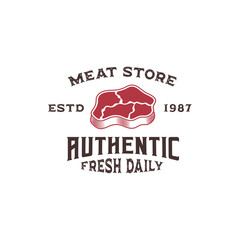 labels badges emblems and logo design elements for meat store or butchery market, vector vintage badge label of steak house, bistro, beef, restaurant, grilled food and cafe