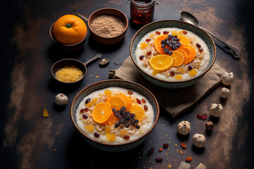 Dessert of rice porridge with French milk. The rice pudding. Winter comfort food With coconut milk, orange jam confiture, and dried fruits in two bowls, a nutritious vegan gluten free fodmap diet brea
