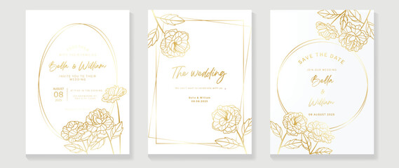 Luxury floral wedding invitation card template. watercolor card with leaf branch, flowers, white roses, gold line art. Elegant blossom rose vector design suitable for banner, cover, invitation.