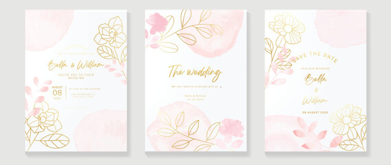 Luxury wedding invitation card template. Watercolor card with gold line art, leaves branches, foliage. Elegant autumn botanical vector design suitable for banner, cover, invitation.