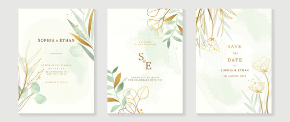 Fototapeta na wymiar Luxury wedding invitation card template. Watercolor card with gold line art, leaves branches, foliage. Elegant autumn botanical vector design suitable for banner, cover, invitation.