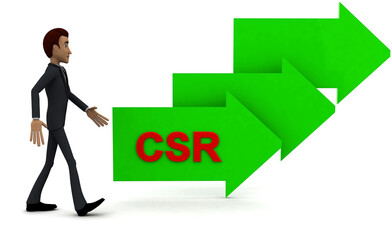 3d man walking in direction of arrow with csr text concept