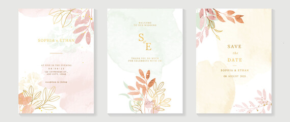 Fototapeta na wymiar Luxury wedding invitation card template. Watercolor card with gold line art, leaves branches, foliage. Elegant autumn botanical vector design suitable for banner, cover, invitation.
