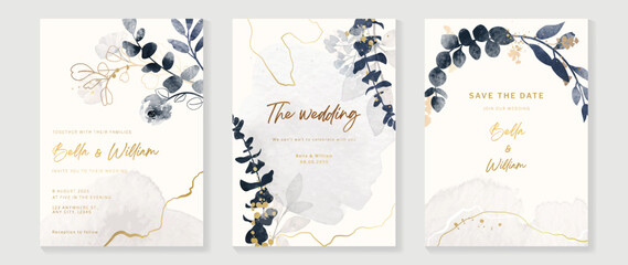 Luxury wedding invitation card template. Watercolor card with gold line art, leaves branches, foliage. Elegant autumn botanical vector design suitable for banner, cover, invitation.