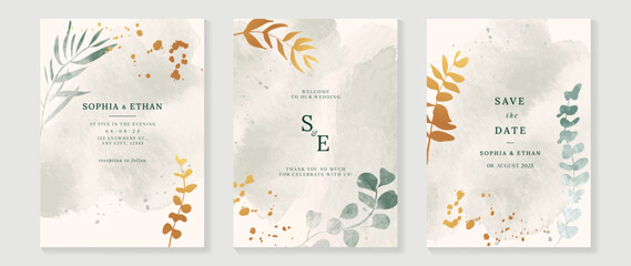 Luxury wedding invitation card template. Watercolor card with gold line art, leaves branches, foliage. Elegant autumn botanical vector design suitable for banner, cover, invitation.