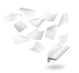 Open book and many flying pages on white background