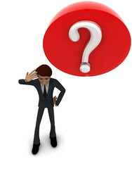3d man thinking and a question mark in a circle concept