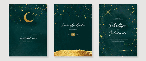 Galaxy themed wedding invitation vector template. Collection of luxury save the date card with watercolor, star, gold sparkle. Starry night cover design for background, greeting, brochure, flyer.