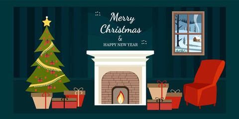 christmas new year background illustration, bonfire winter landscape vector