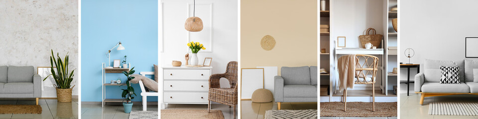 Collage of blank photo frames in stylish interiors